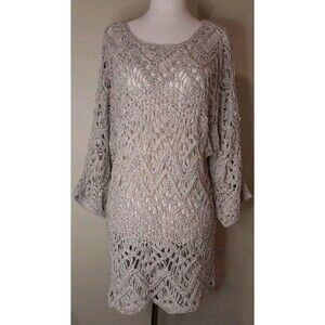 J. Jill  Sz L Swimsuit Coverup Loosely Crochet Knit Sweater 3/4 Sleeve Tan Taupe